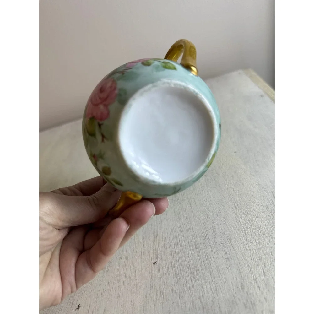 Vintage‎ Hand Painted Porcelain Sugar Bowl Pink Rose Floral Gold Gilt Handles